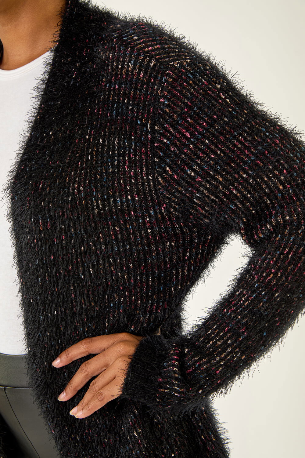 Black Fluffy Eyelash Knit Cardigan, Image 6 of 5