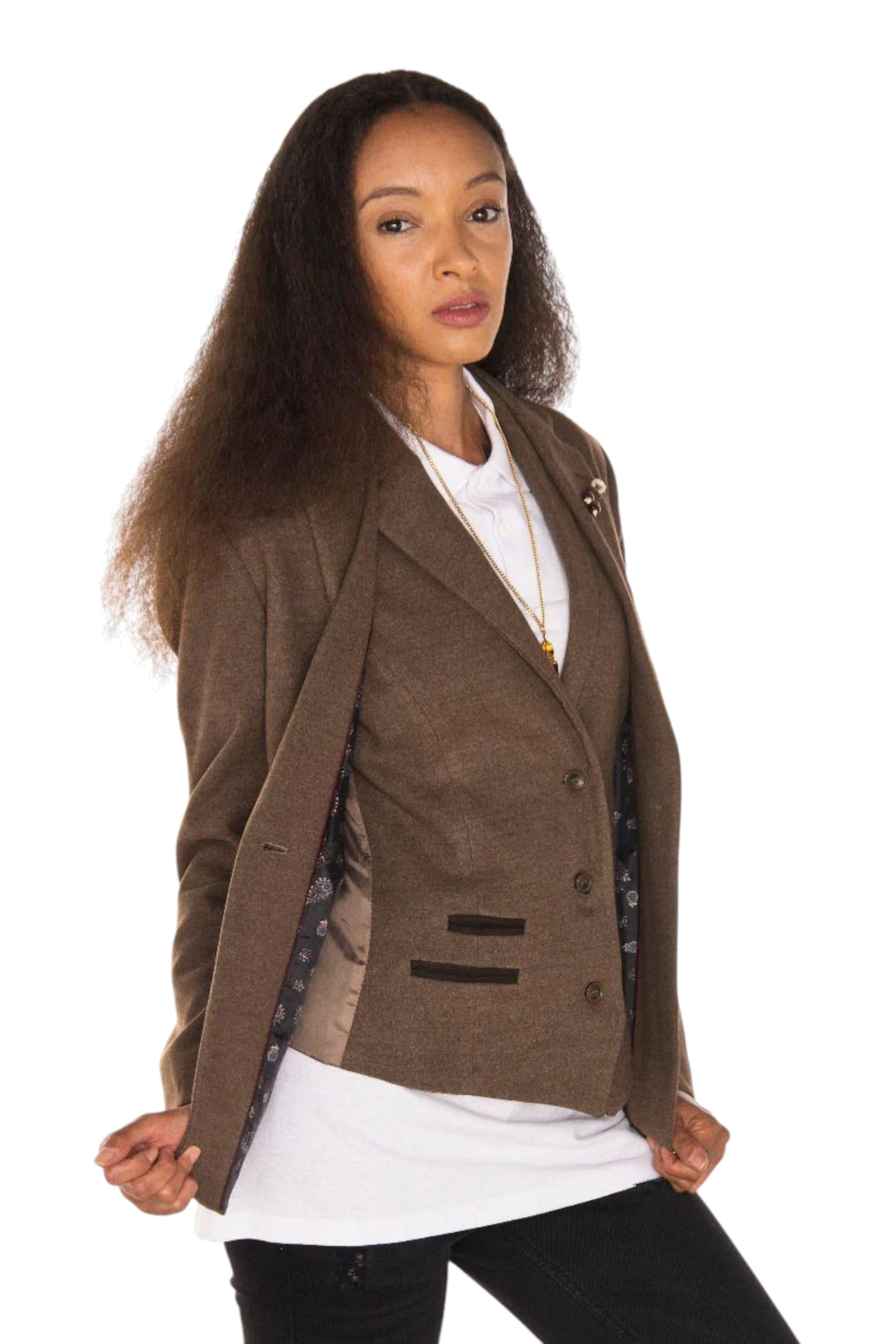 Brown Infinity Leather Brown Tweed 1920s Herringbone Light Brown Blazer, Image 2 of 6