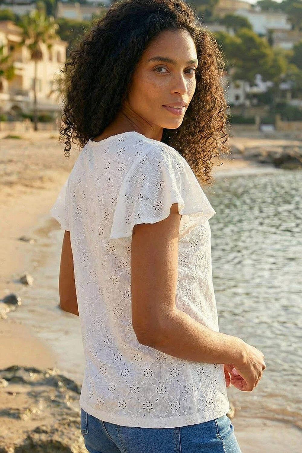 Ivory Broderie Ruched Front Stretch Top, Image 3 of 4