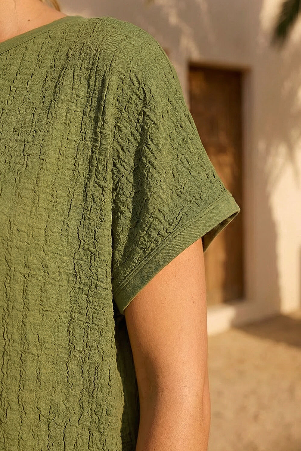Khaki Textured Stretch Tunic Top, Image 5 of 4