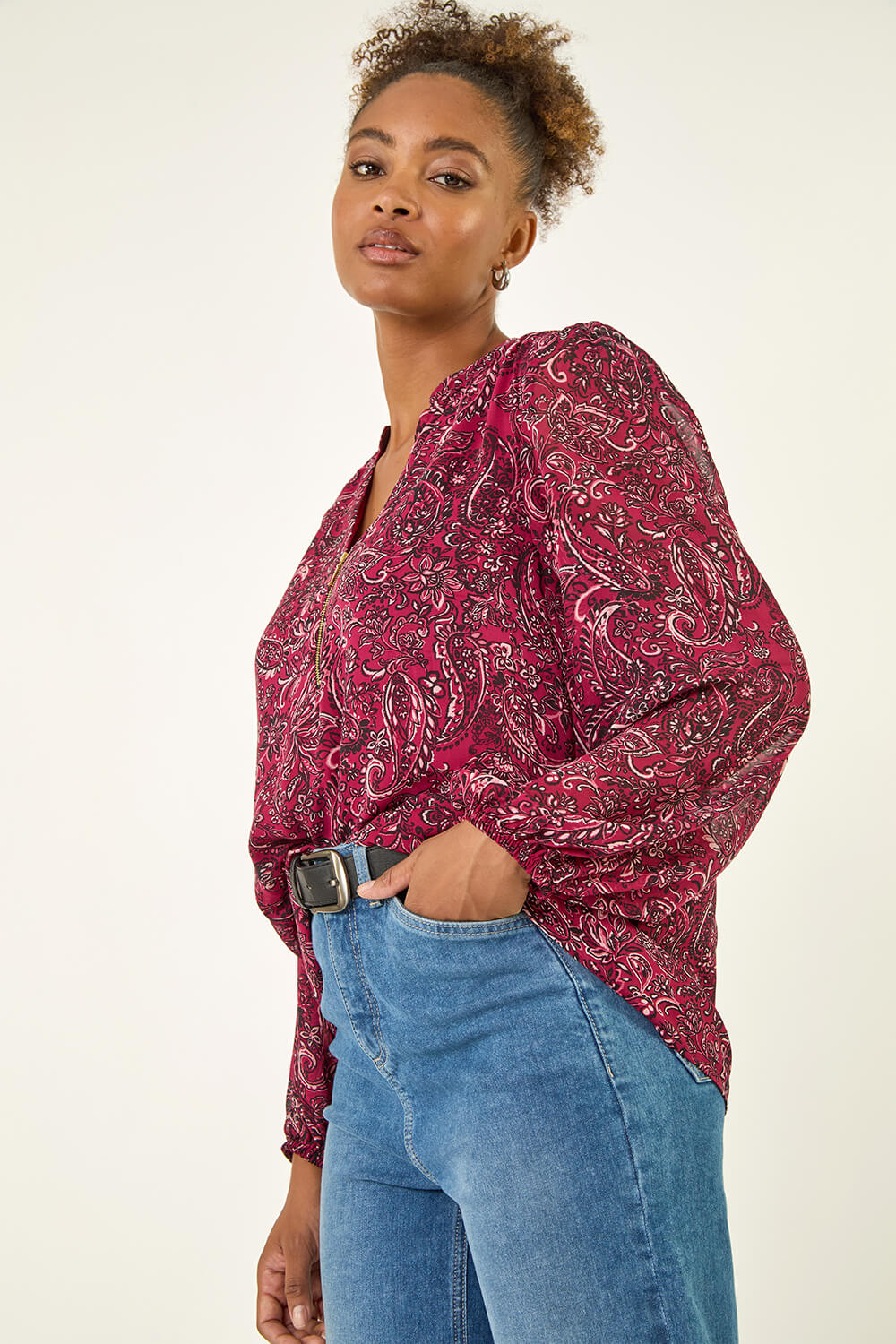 Red Paisley Print Zip Front Top | Roman UK