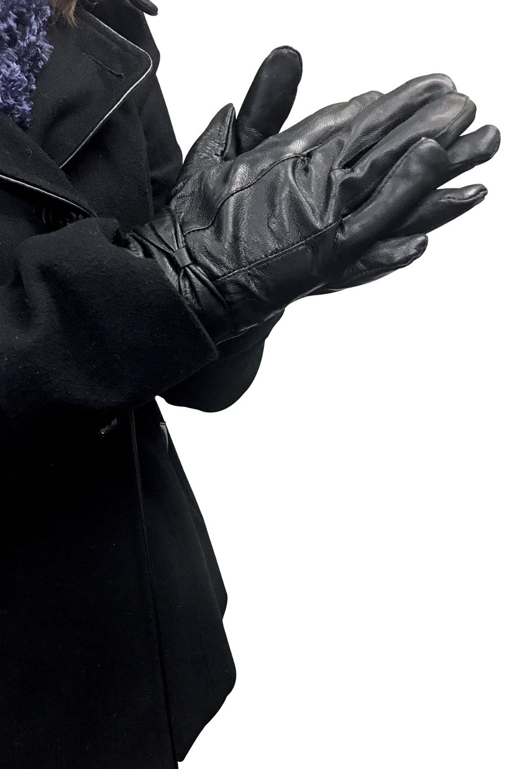 Black Fleece Lined Warm Leather Gloves with Bow, Image 3 of 5