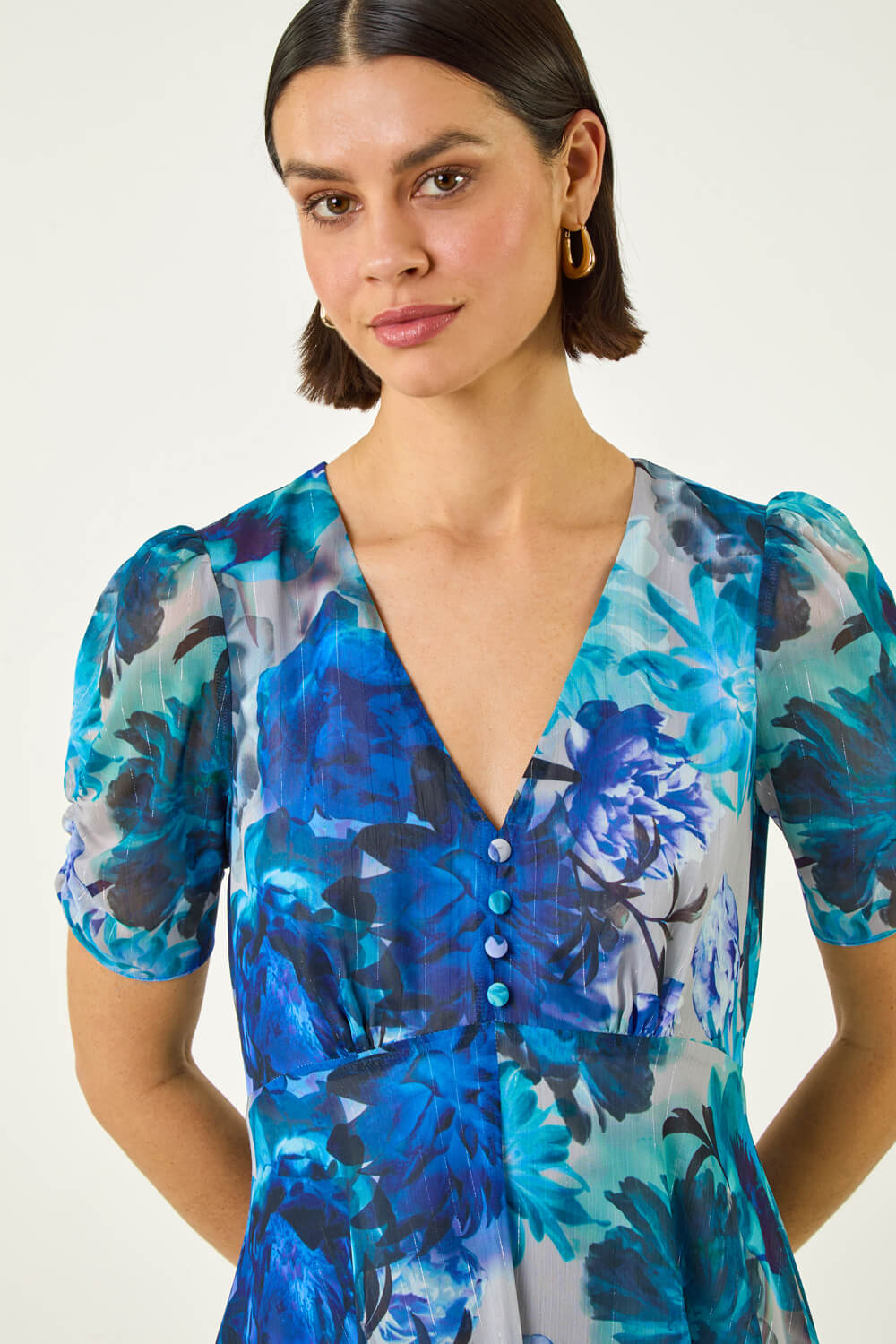 sachin and babi light blue dress Moda Tara Short Puffed Sleeve V-Neck Chiffon A-Line Midi Dress