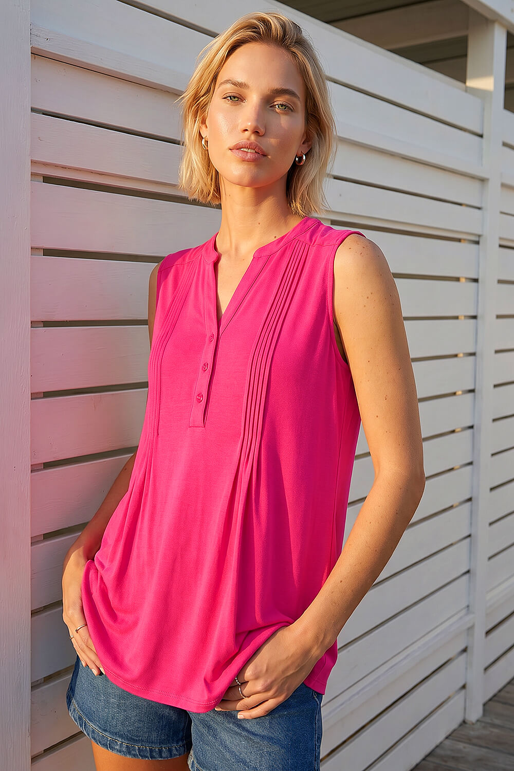 Cerise Pintuck Notch Neck Top, Image 1 of 4