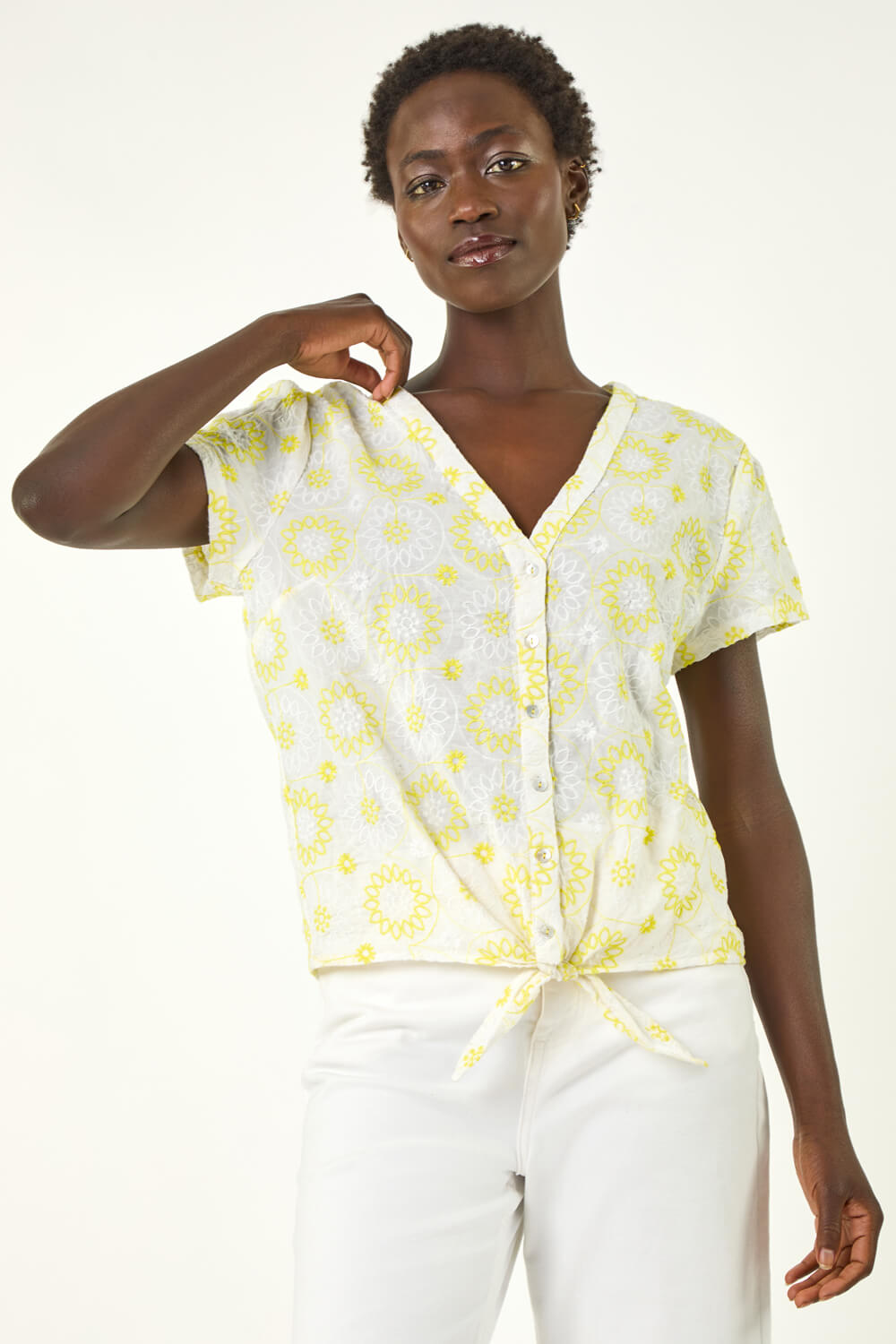 Yellow Cotton Broidery Tie Front Blouse, Image 3 of 5
