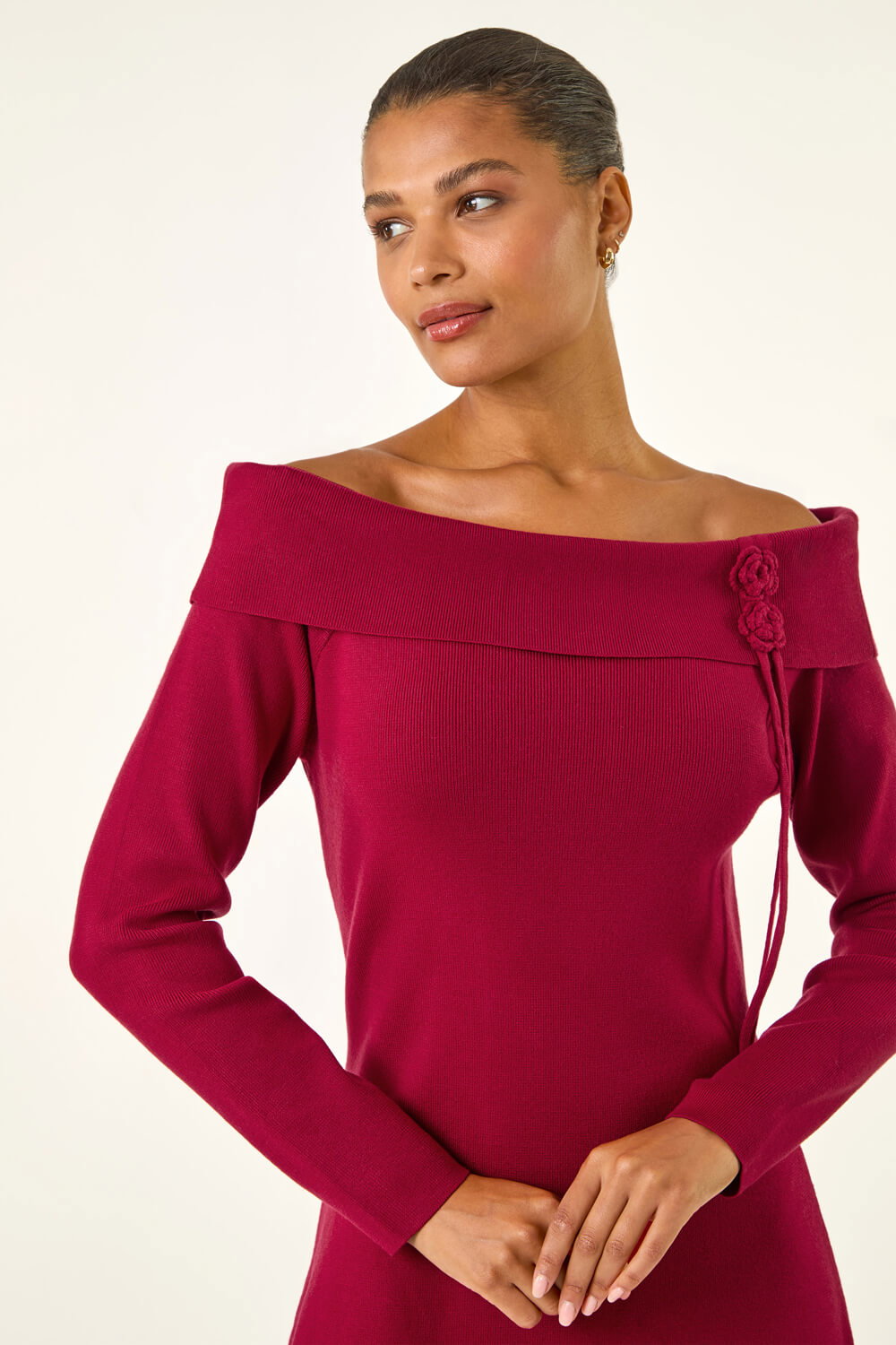 Red Floral Bardot Knit Midi Dress, Image 5 of 5