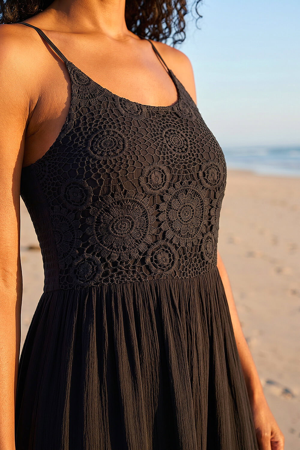 Black Lace Bodice Shirred Midi Dress, Image 5 of 4