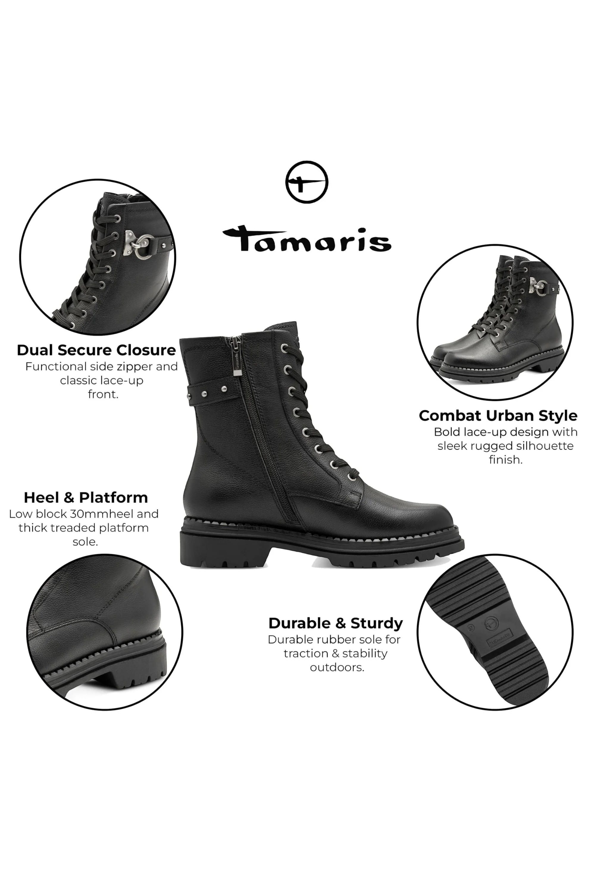 Black Tamaris Black Tamaris Womens Black Leather Combat Boot, Image 2 of 7