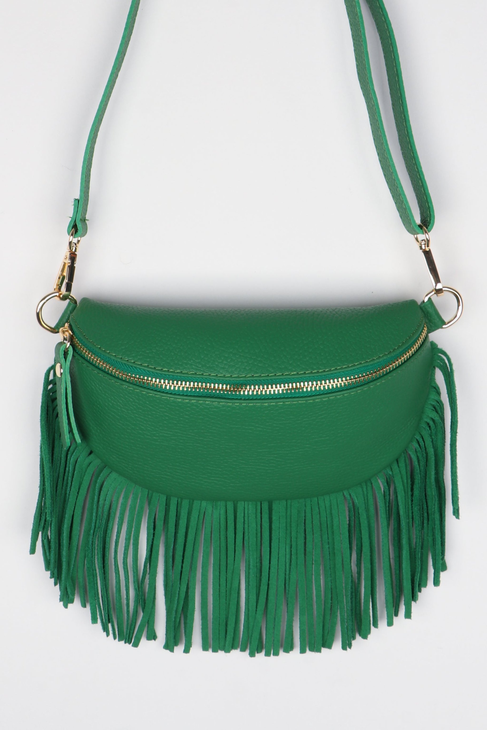 Green Fringed Half Moon Leather Crossbody Bag, Image 1 of 5
