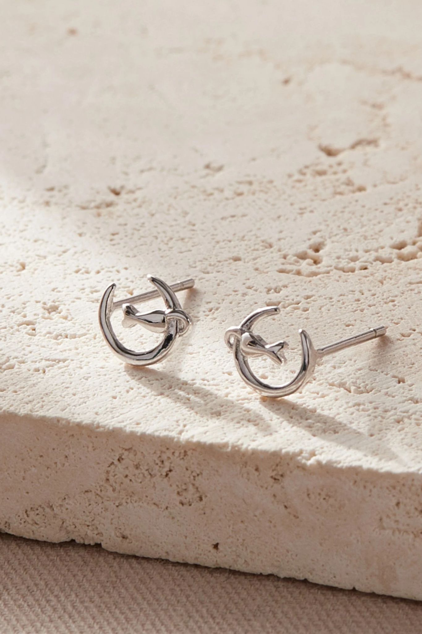 Silver Sterling Silver Cat on Moon Studs, Image 2 of 2