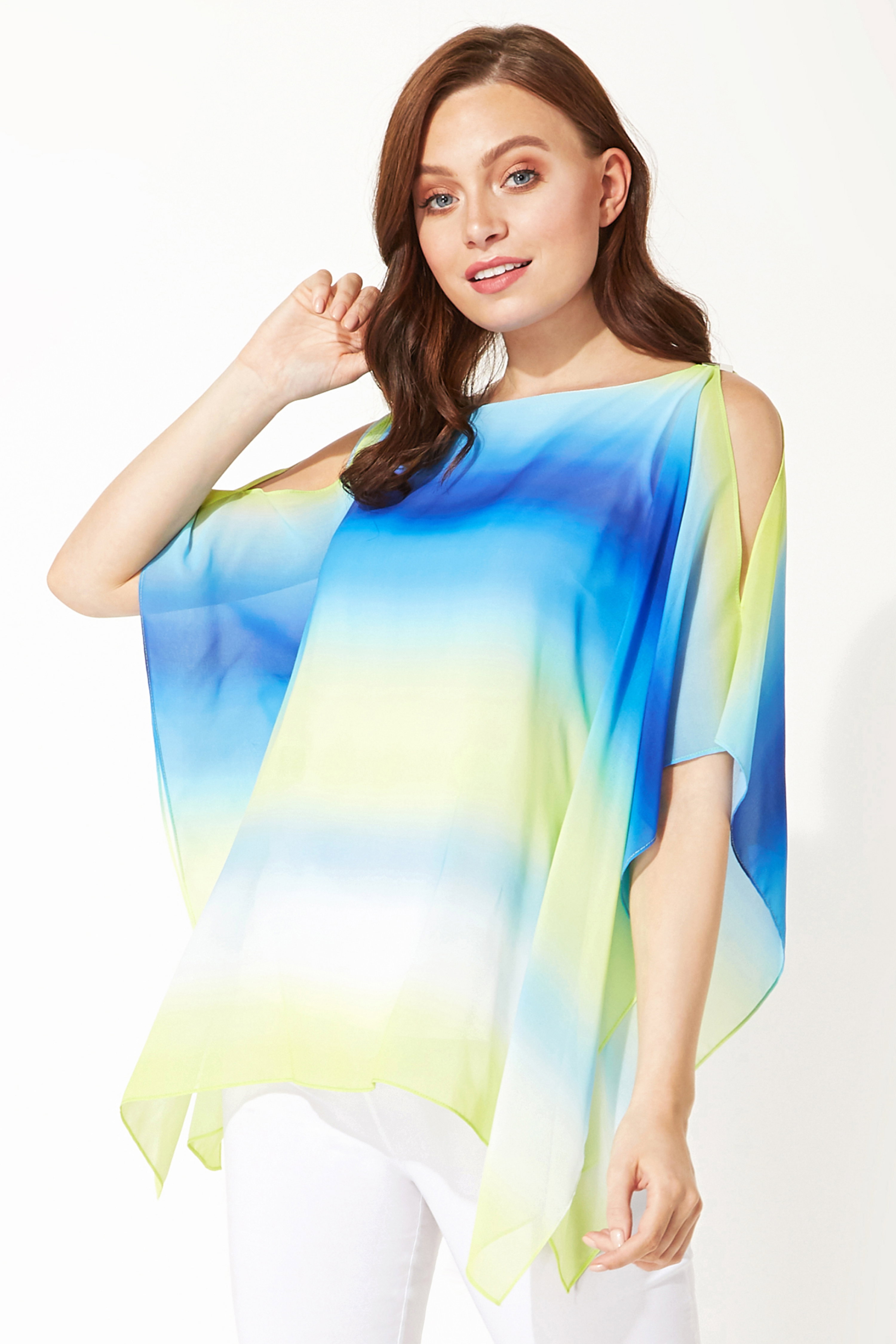 Royal Blue Ombre Cold Shoulder Overlay Top, Image 1 of 3
