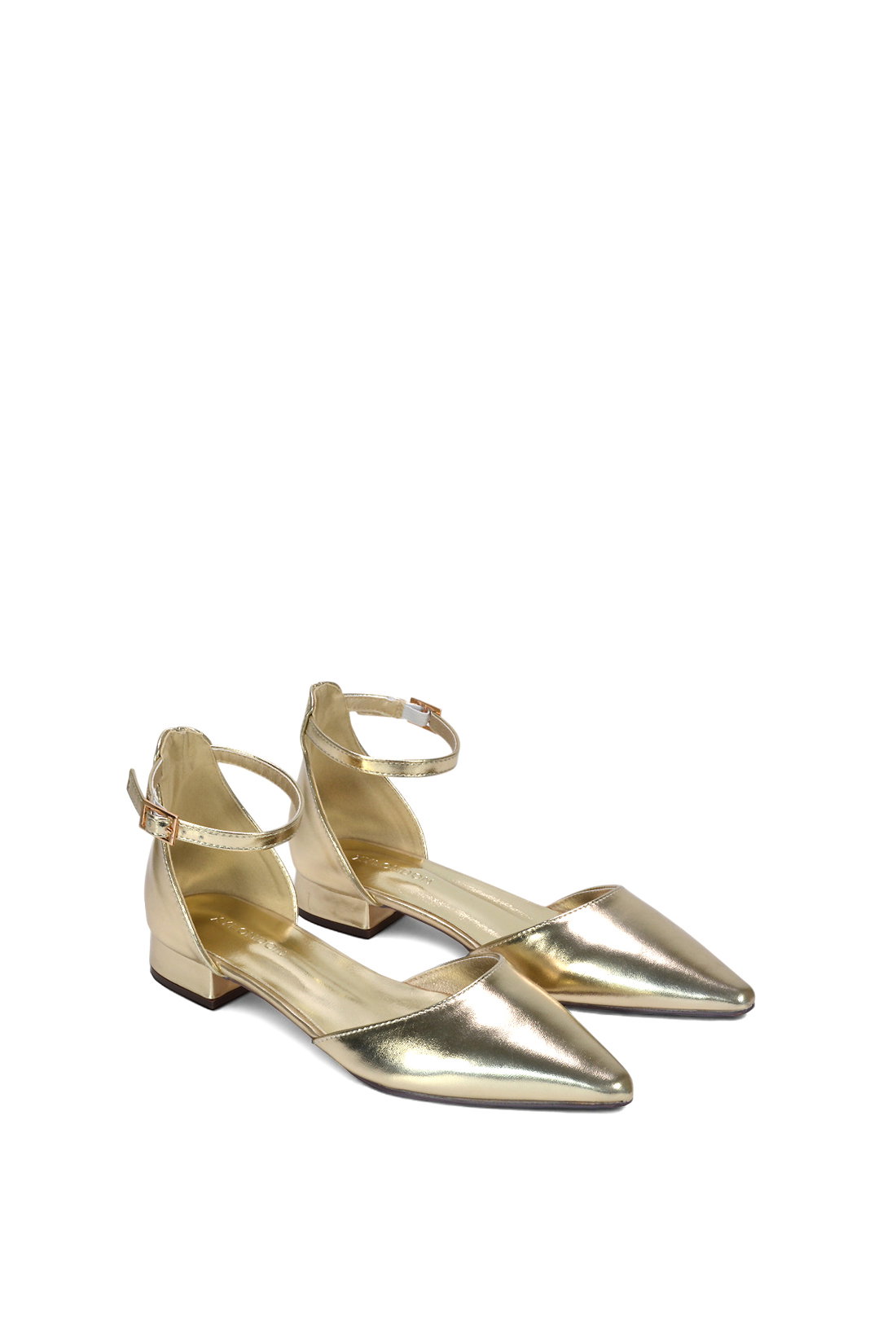 Gold XY LONDON Gold 'Jenny' Low Heel Flat Pointed Toe Ankle Strap Court Shoes, Image 5 of 6