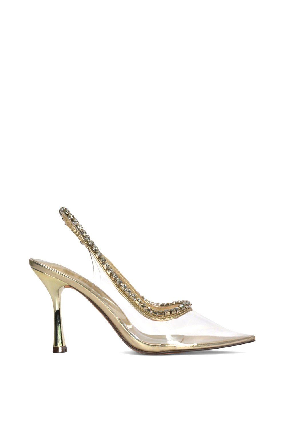Metallic 'Beryl' High Heel Clear Perspex Pointed Toe Court Shoes With Jewels