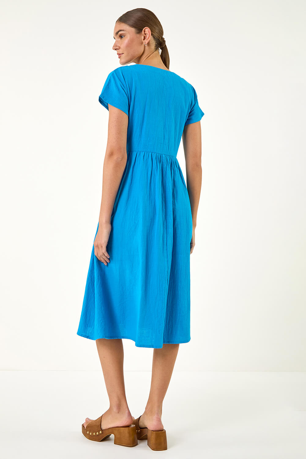 Blue Linen Look Button Midi Dress | Roman UK