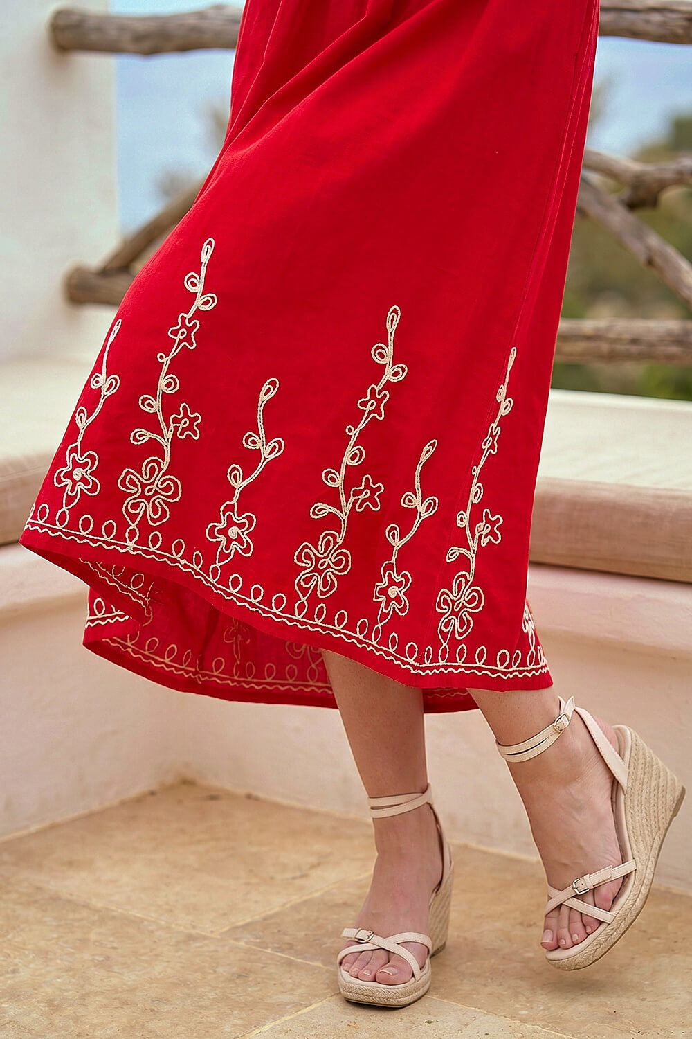 Red Embroidered V-Neck Midi Dress, Image 5 of 4