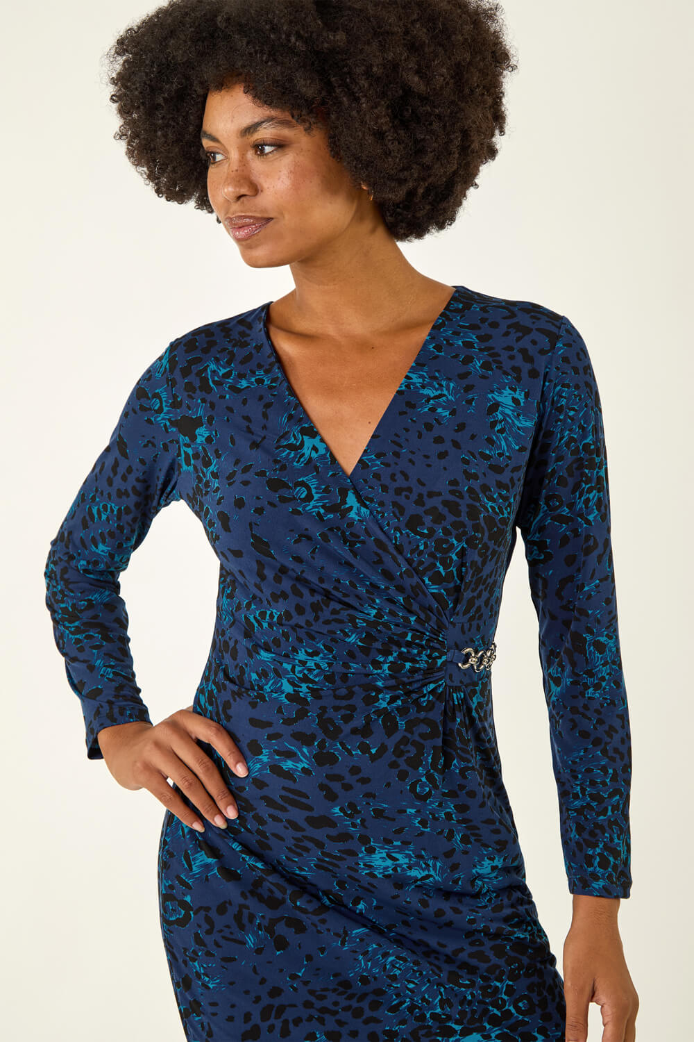 Blue Animal Print Chain Detail Dress, Image 5 of 5