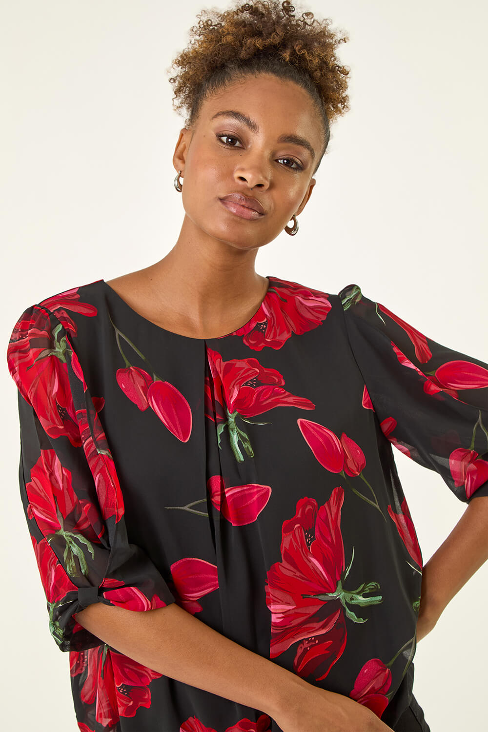 Red Floral Shoulder Bow Pleated Top, Image 5 of 5