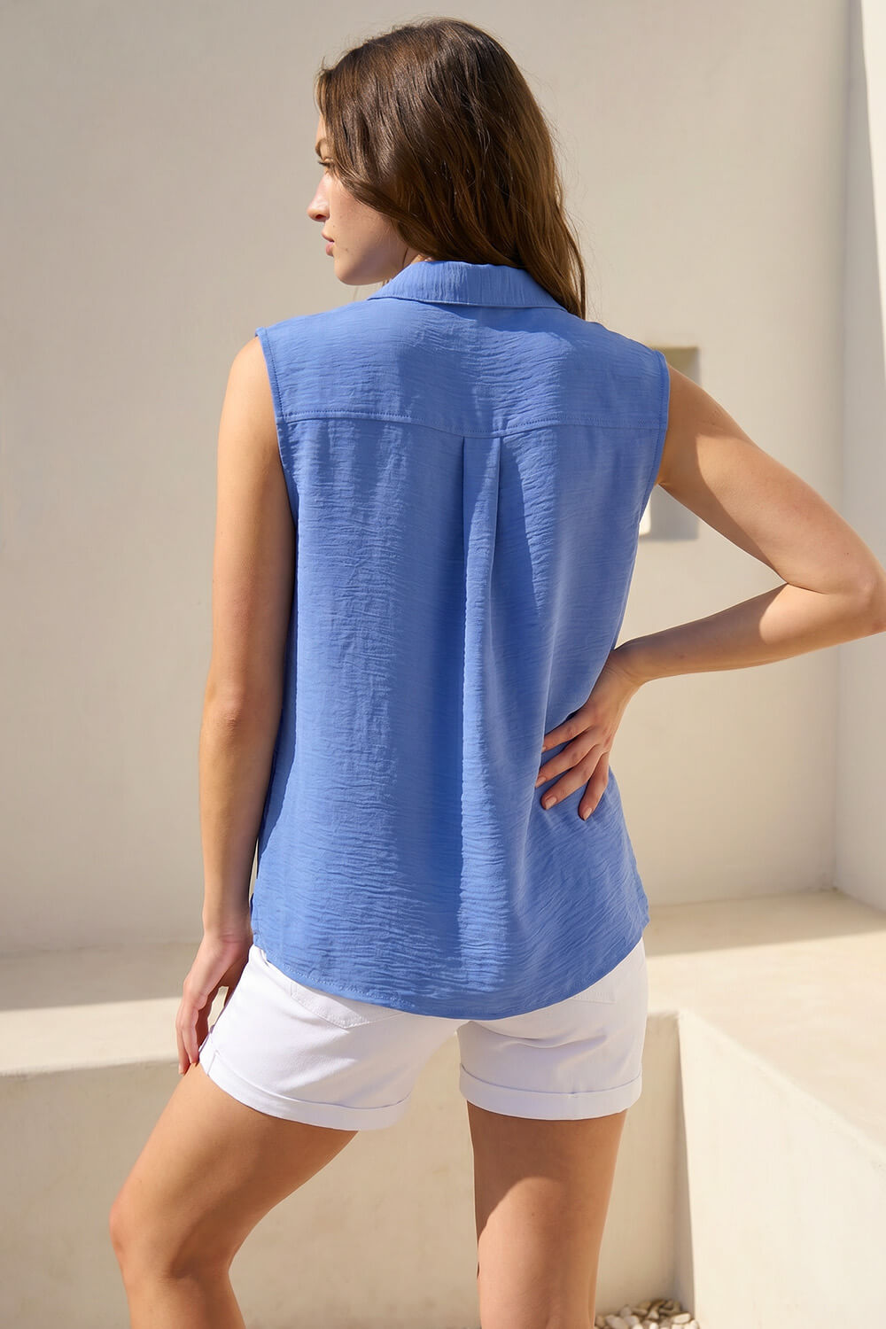 Blue Petite Button Up Front Blouse , Image 3 of 4