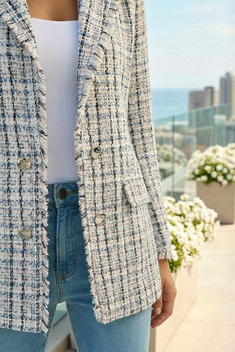 Multi Check Frayed Edge Boucle Button Jacket, Image 5 of 4