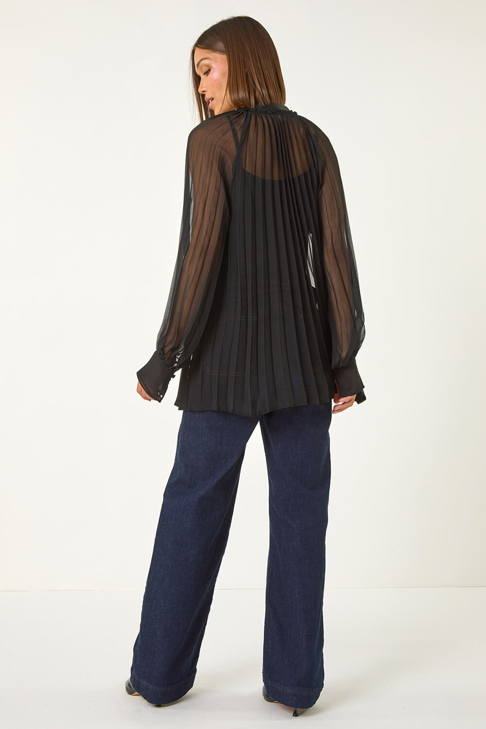 Black V-Neck Pleated Blouse, Image 4 of 5