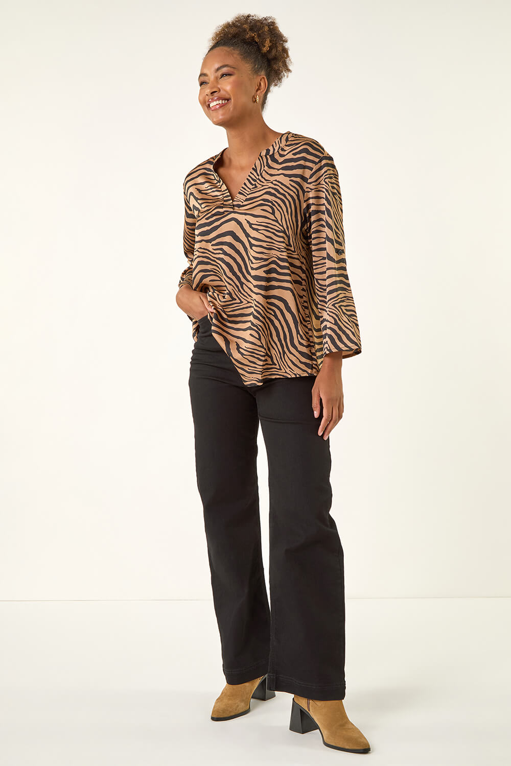 Tan Animal Print V-Neck Shirt, Image 3 of 5