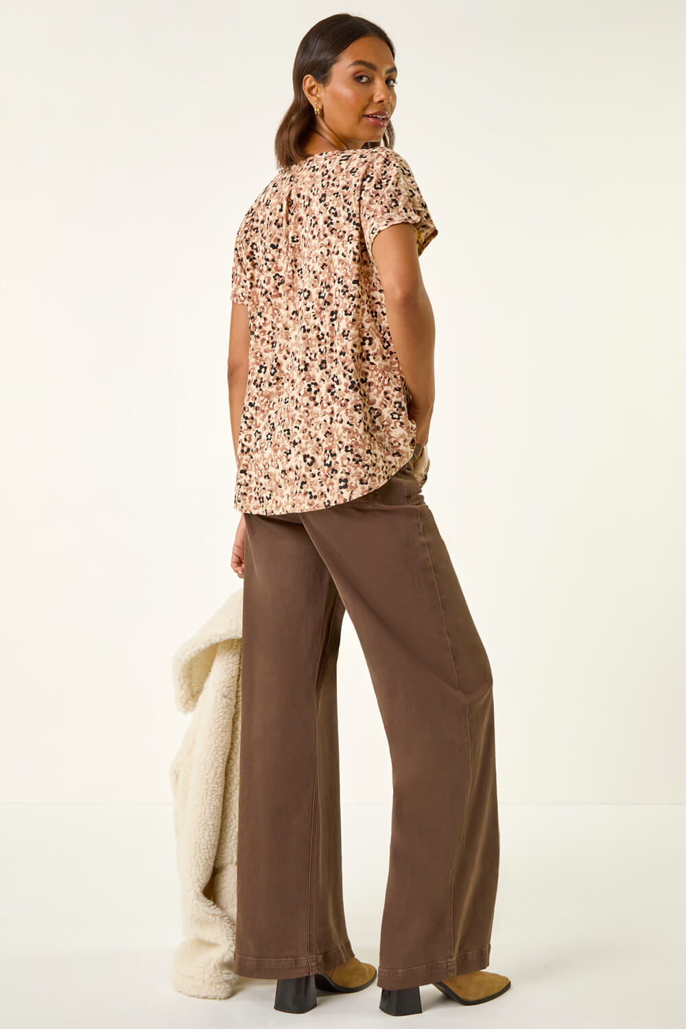 Natural Animal Print V-Neck Pleat Front Top, Image 4 of 5
