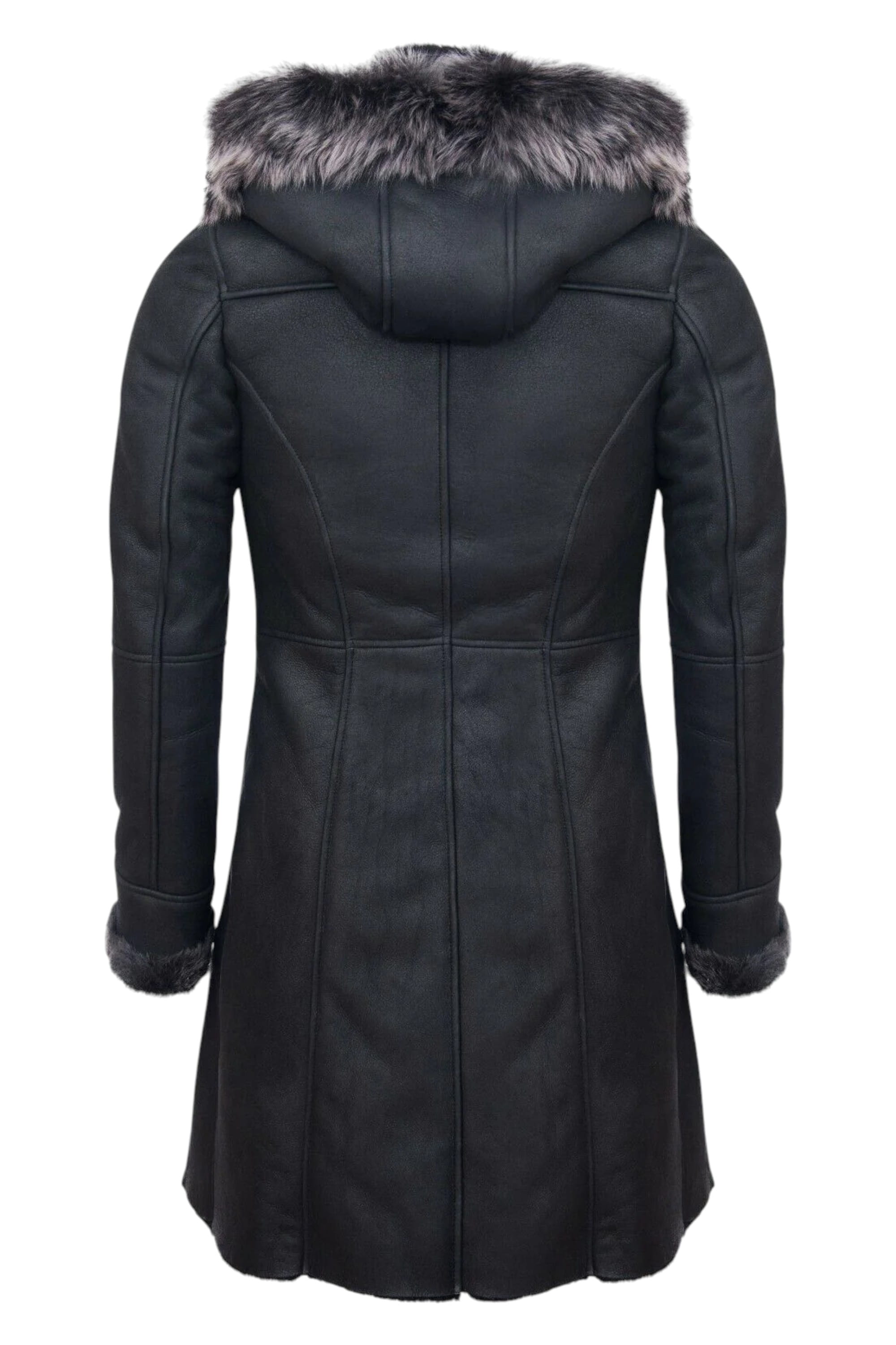 Black Womens Sheepskin Hooded Duffle Coat, Image 5 of 5