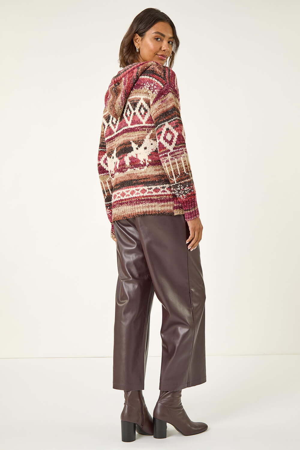 Burgundy Jacquard Zip Hooded Cardigan, Image 4 of 5