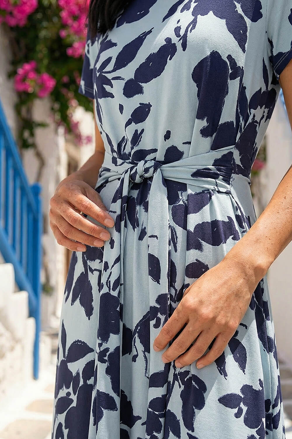 Blue Petite Floral Tie Front Stretch Midi Dress , Image 5 of 4
