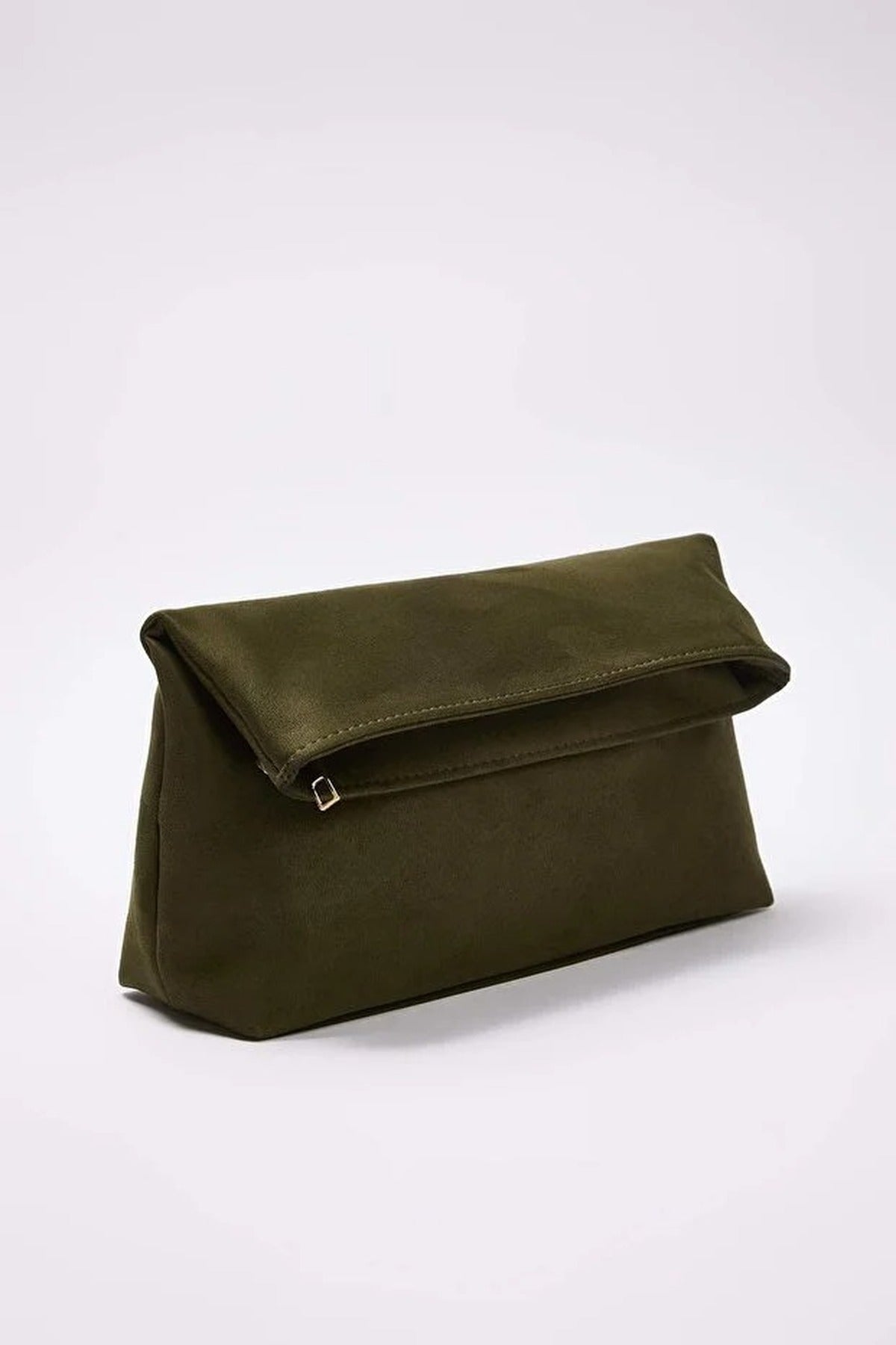 Khaki Soft Suede Foldover Clutch Bag, Image 2 of 5