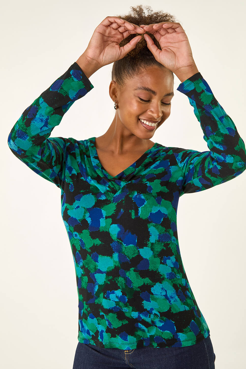 Green Printed V-Neck Stretch Top, Image 5 of 5