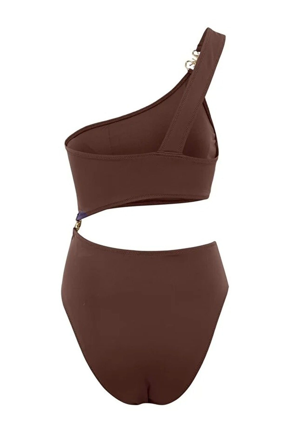 Brown WOVCOR Brown Asymmetric Cut Out One Shoulder Swimsuit with Hardware Detail, Image 2 of 3