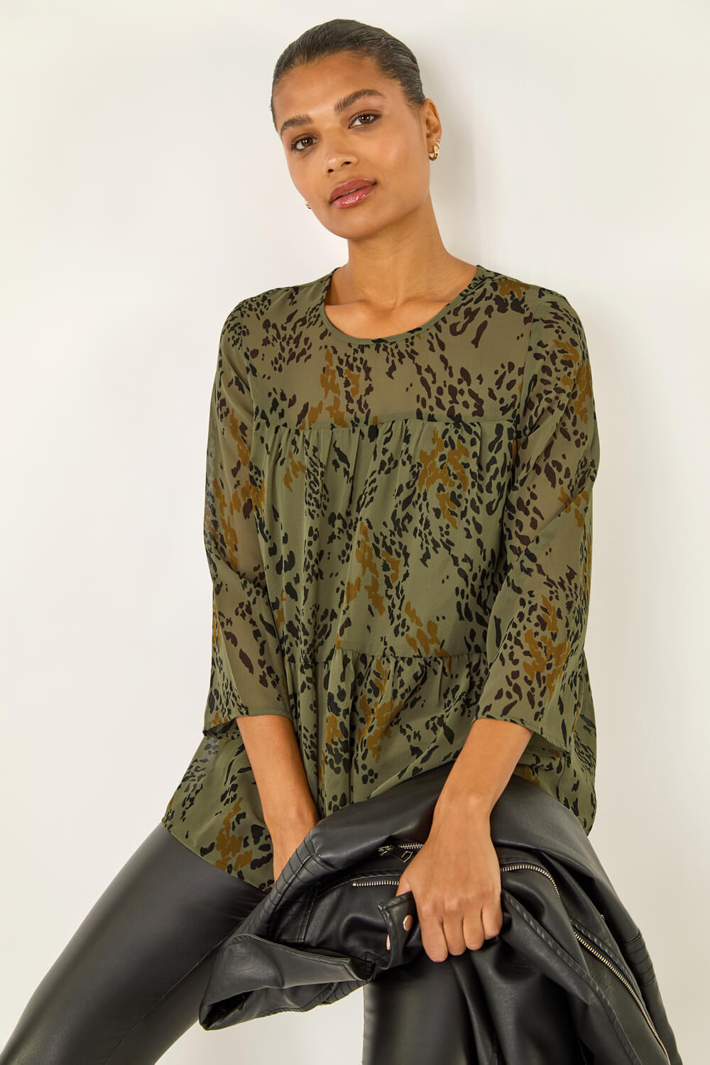 Khaki Speckled Print Tiered Top, Image 1 of 5