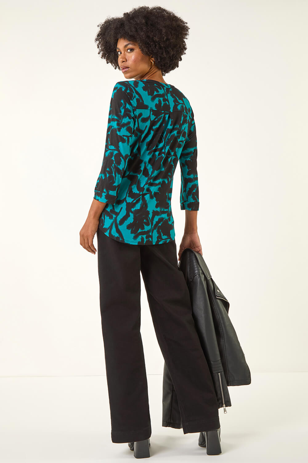 Teal Floral Print V-Neck Stretch Top, Image 4 of 5