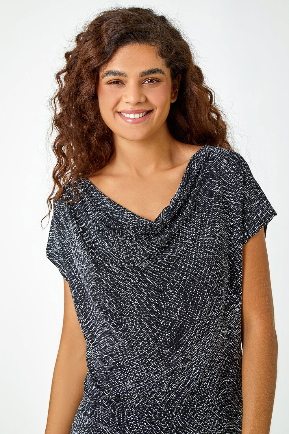 Silver Glitter Print Cowl Neck Stretch Top, Image 5 of 5