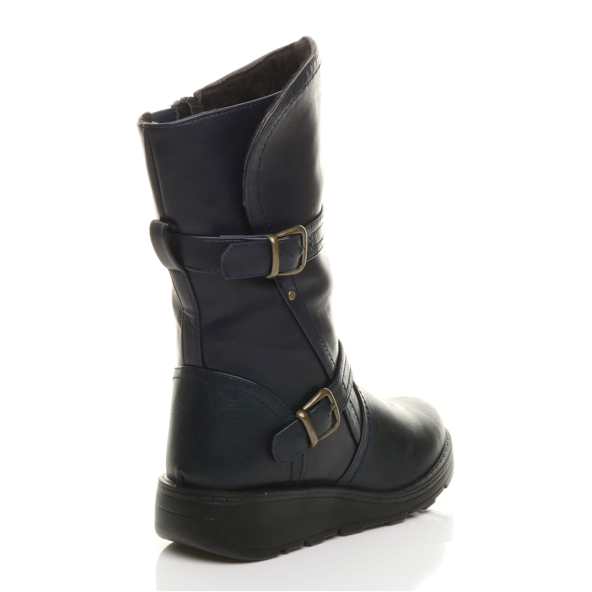 Navy Blue Low Wedge Heel Comfort Calf Biker Boots, Image 4 of 6