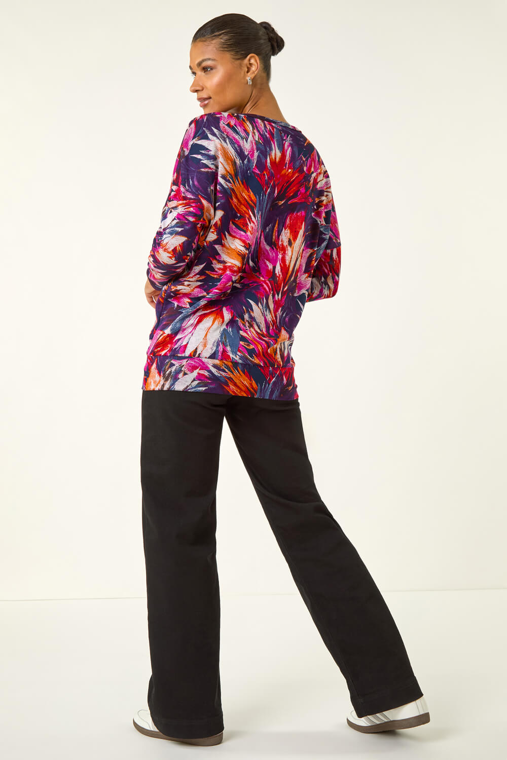Navy Floral Print Bubble Hem Stretch Top, Image 4 of 5