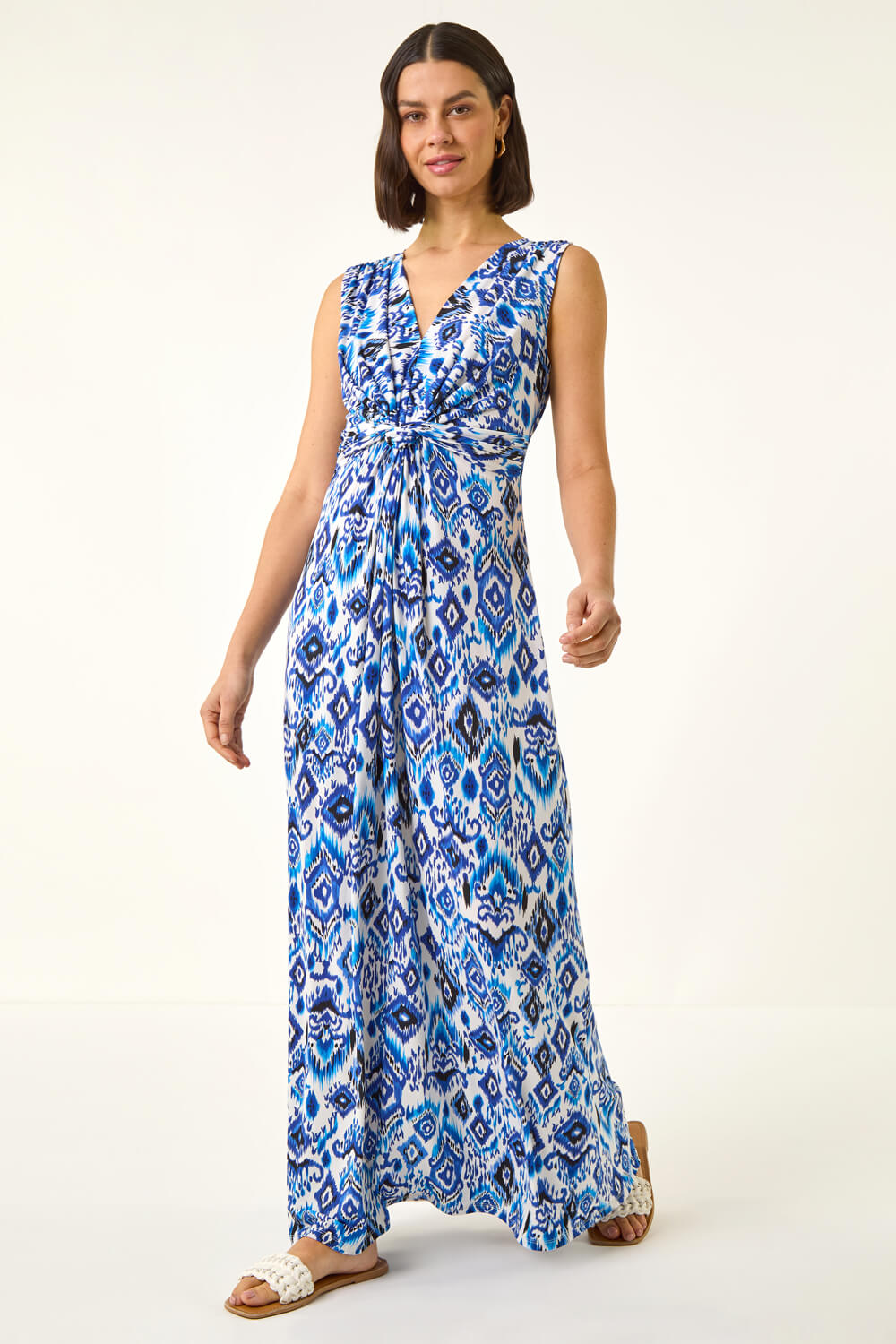 Blue Aztec Print Twist Front Maxi Dress, Image 3 of 5