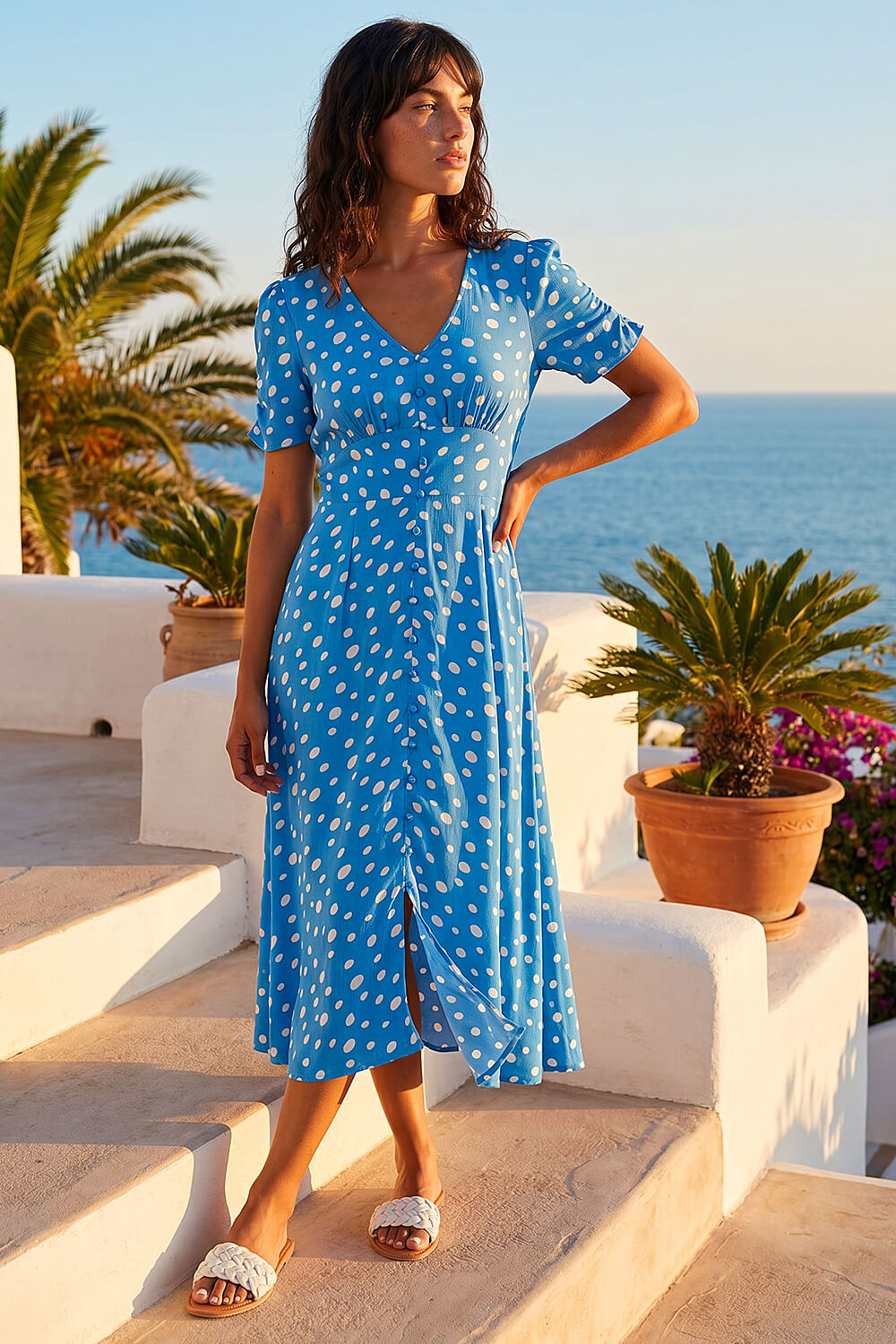 Light Blue Polka Dot Ruched Sleeve Midi Dress, Image 3 of 4