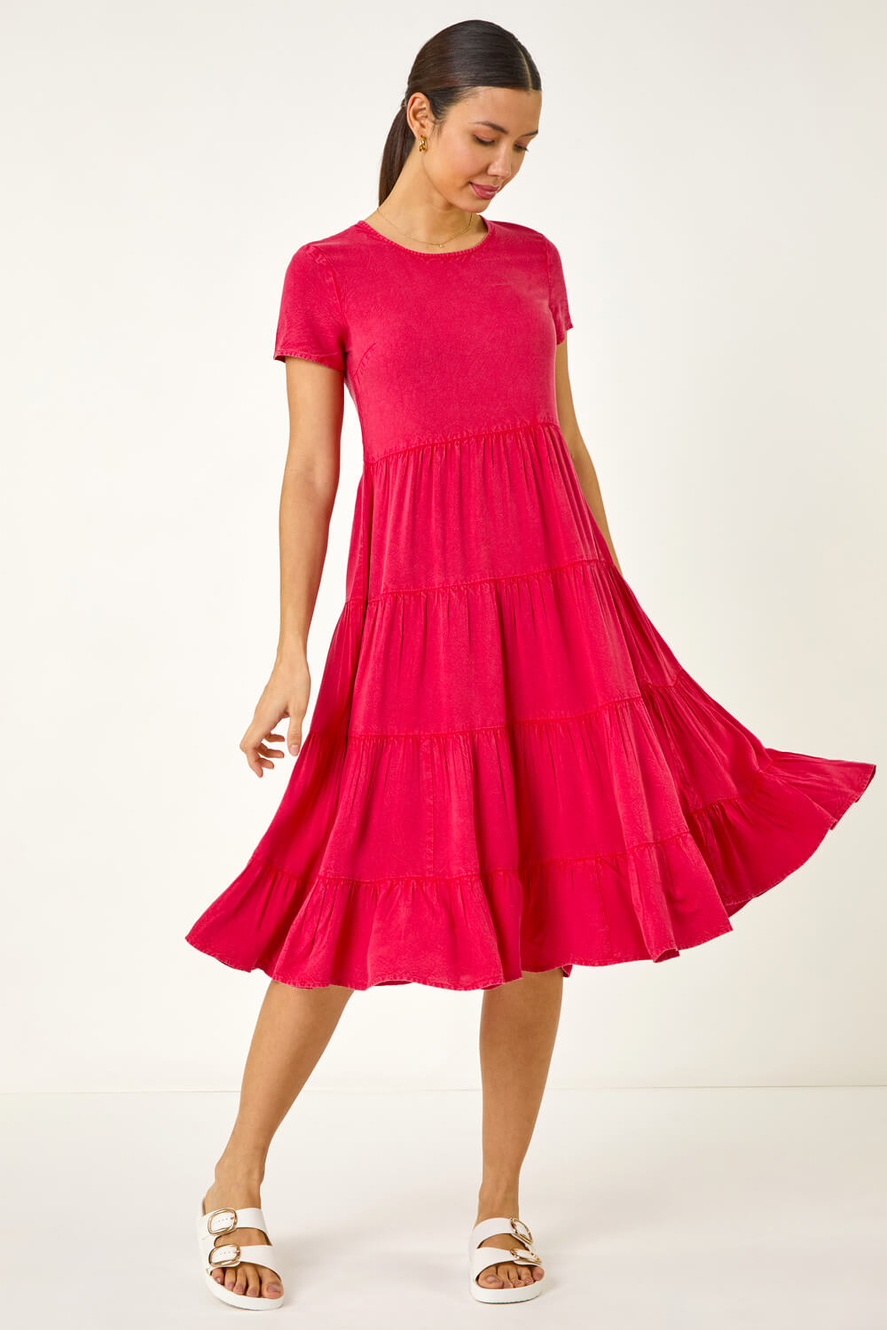 Roman Women's Pink Frill Tiered Smock Midi Dress Size 20