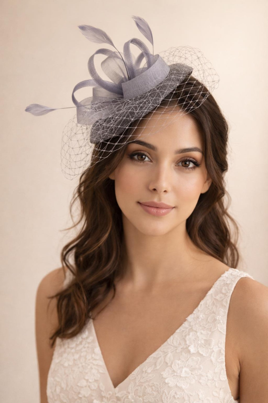 Grey Bow Feather & Net Disc Fascinator, Image 1 of 2