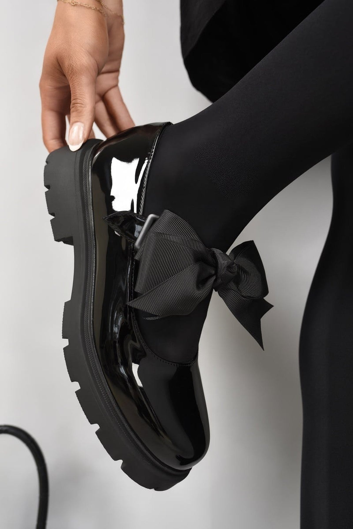 Black Taylee Chunky Sole Patent Ballet Flats With Bow Detail, Image 3 of 4