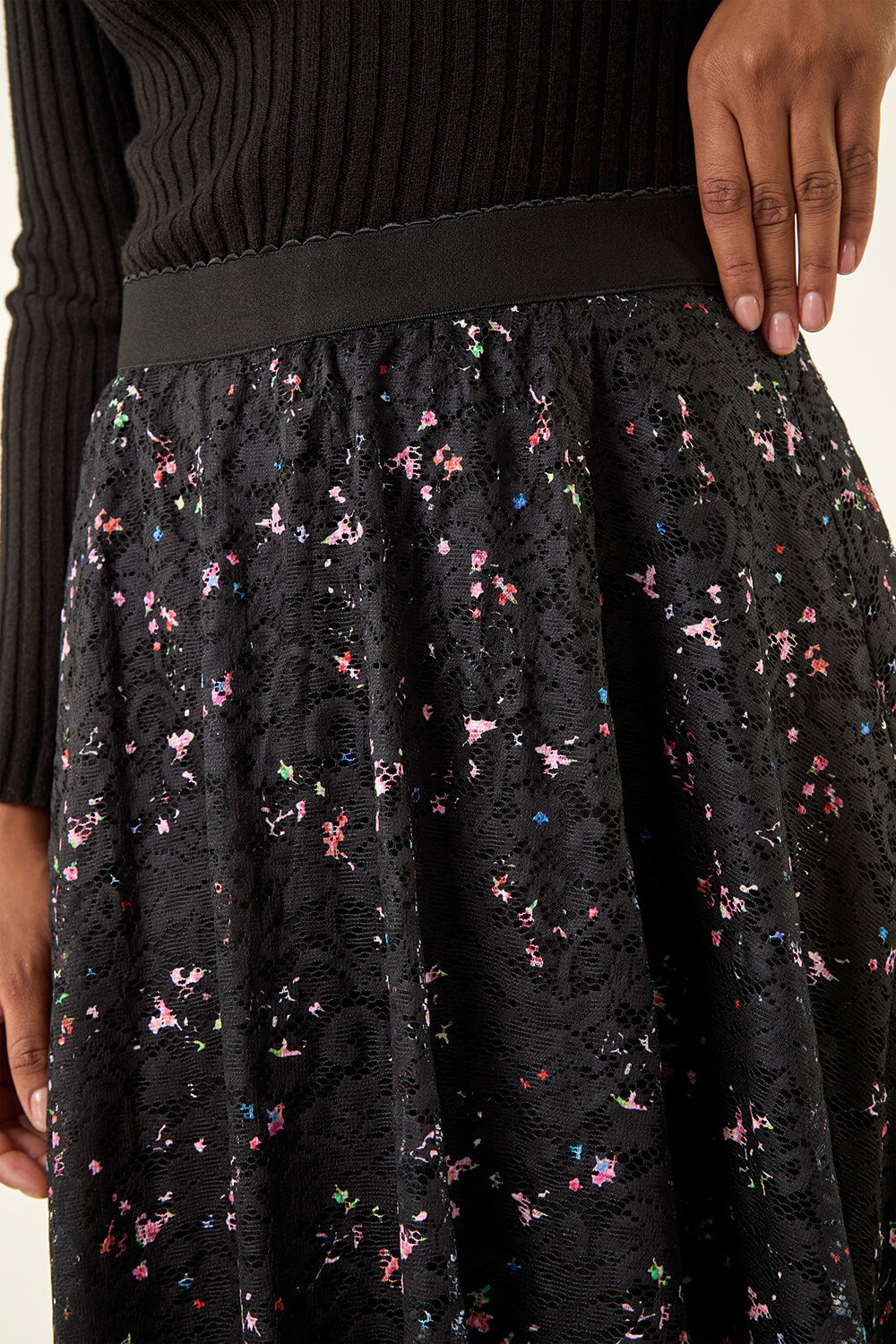 Black Printed Lace Overlay Skirt, Image 6 of 5