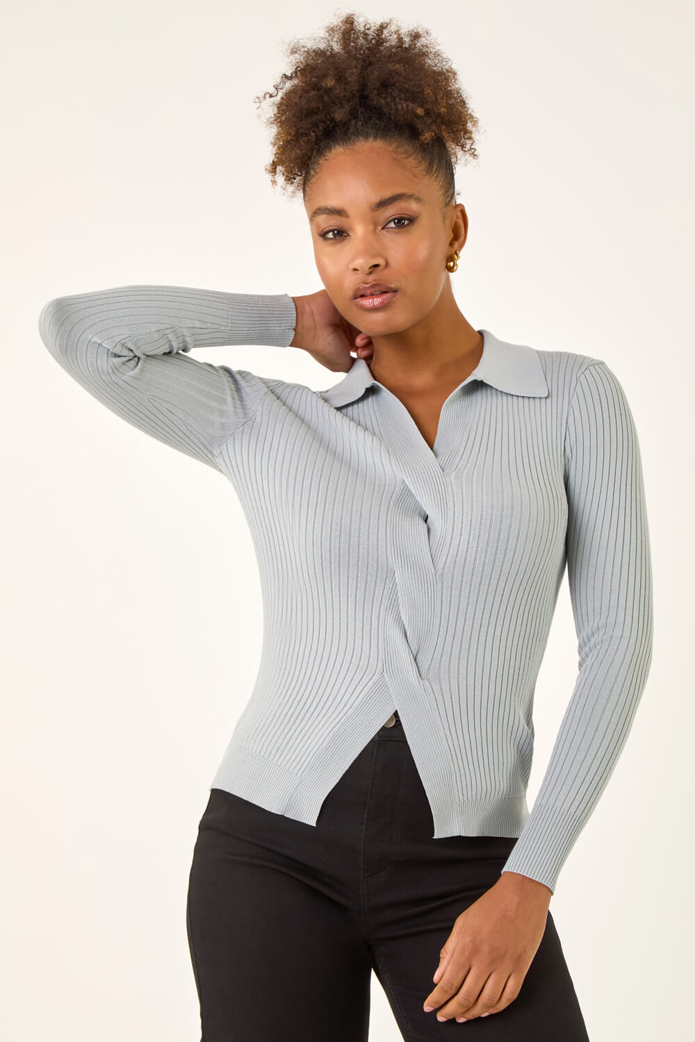 Roman Women's Light Grey Collar Ribbed Cable Knit Jumper Size 14
