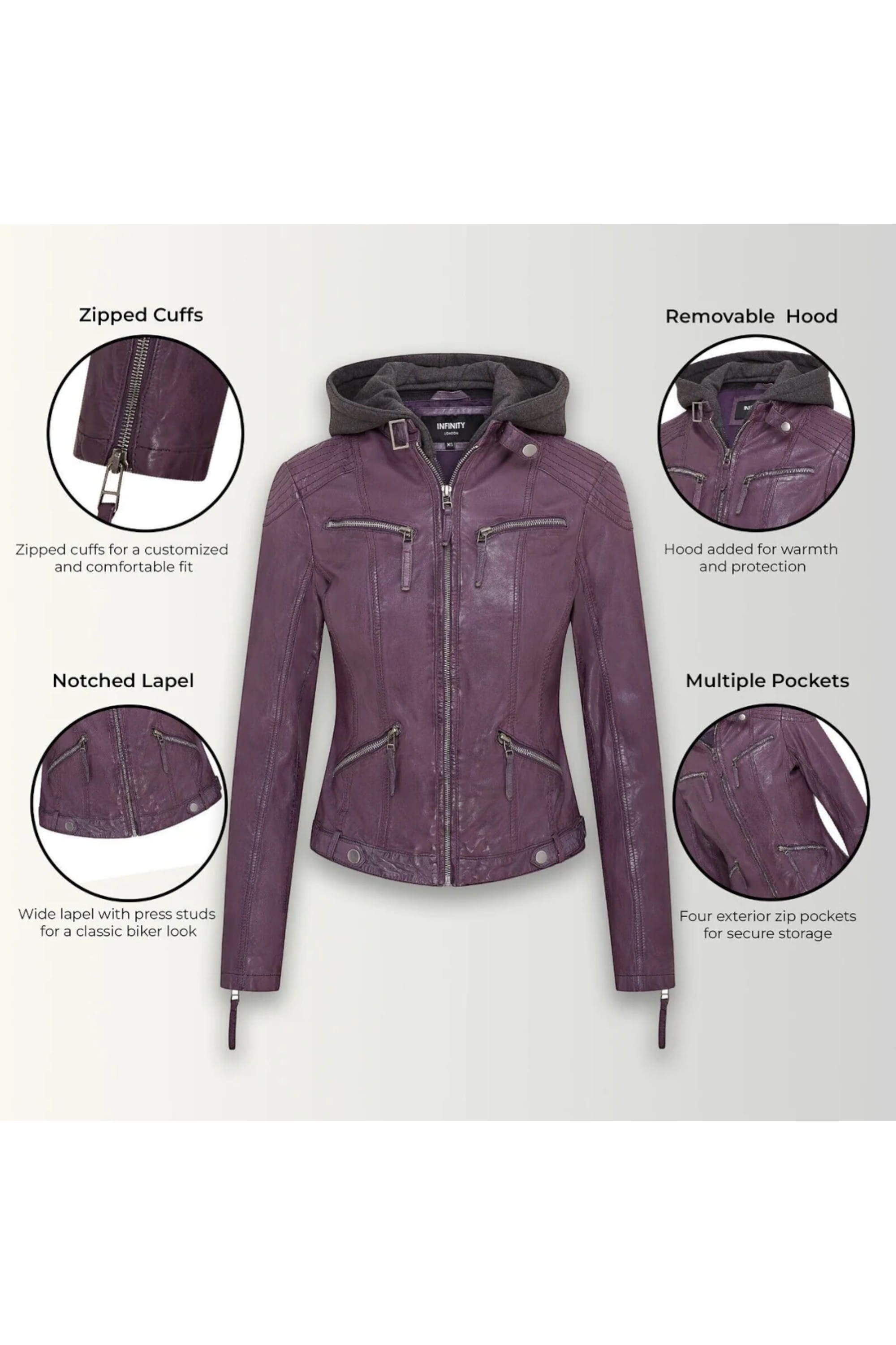 Purple Womens Hooded Biker Jacket - Brazz, Image 3 of 5