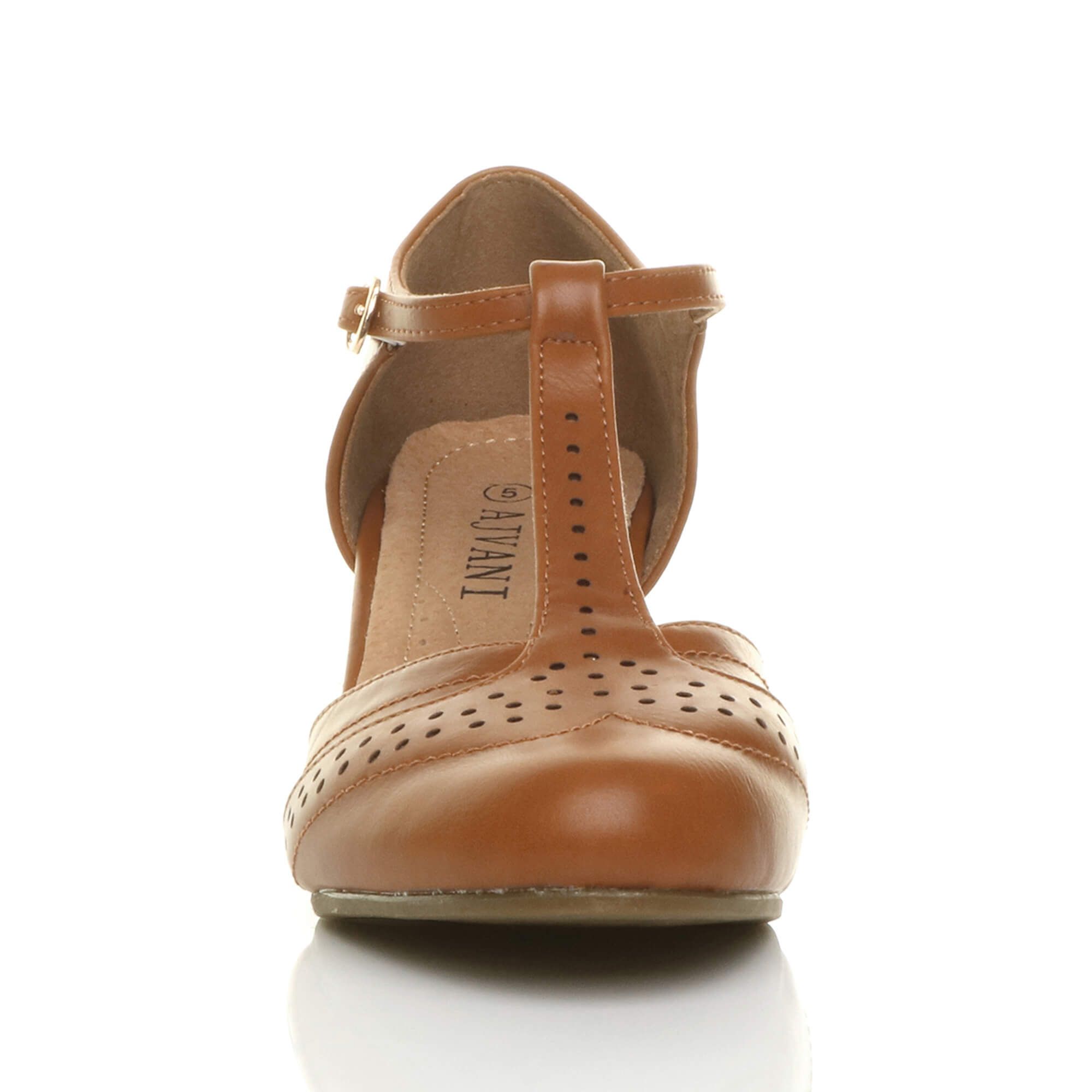Tan Mid Heel Comfort T-Bar Brogue Heels, Image 6 of 6