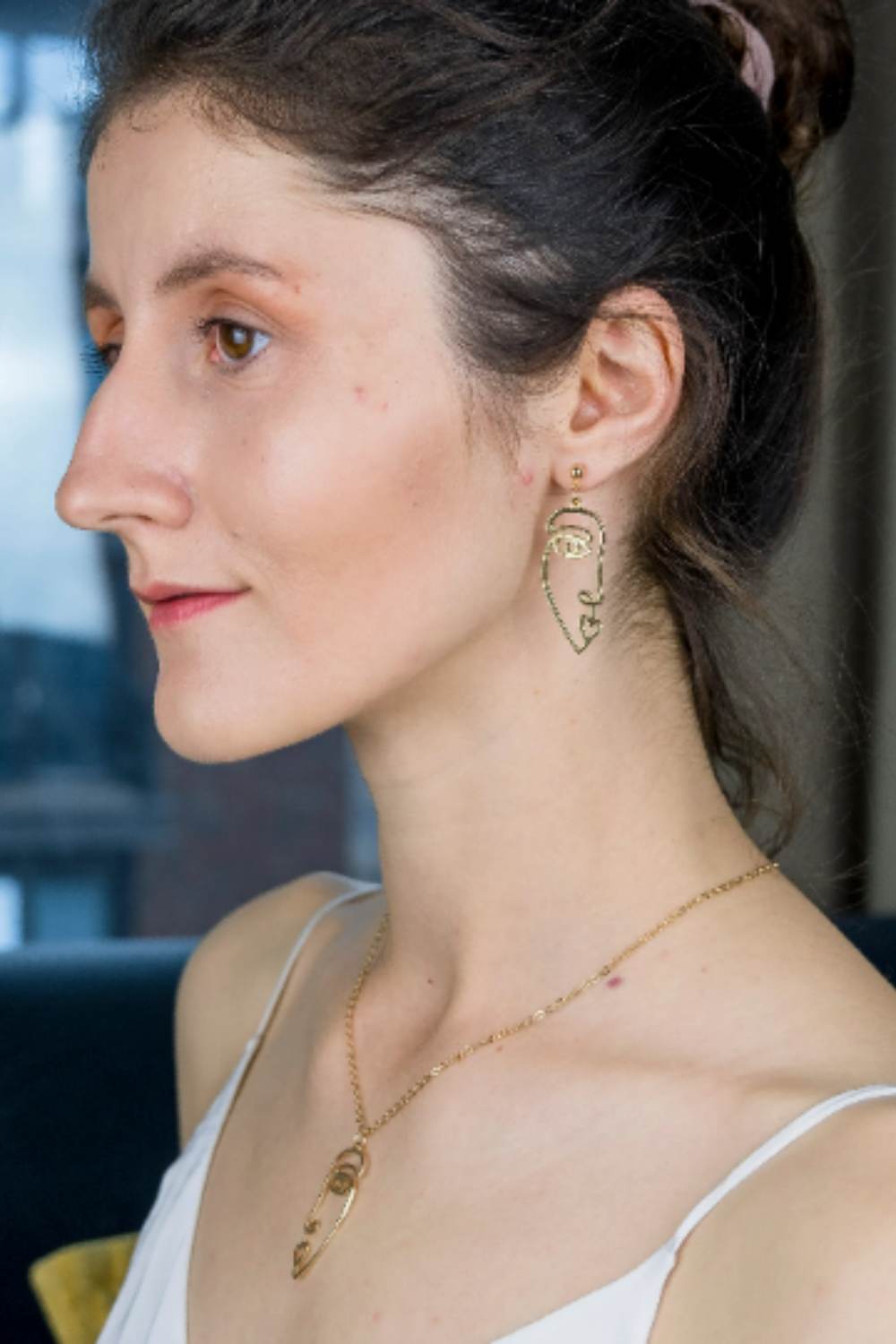 Gold The Colourful Aura Gold Abstract Face Drop Earrings, Image 2 of 3