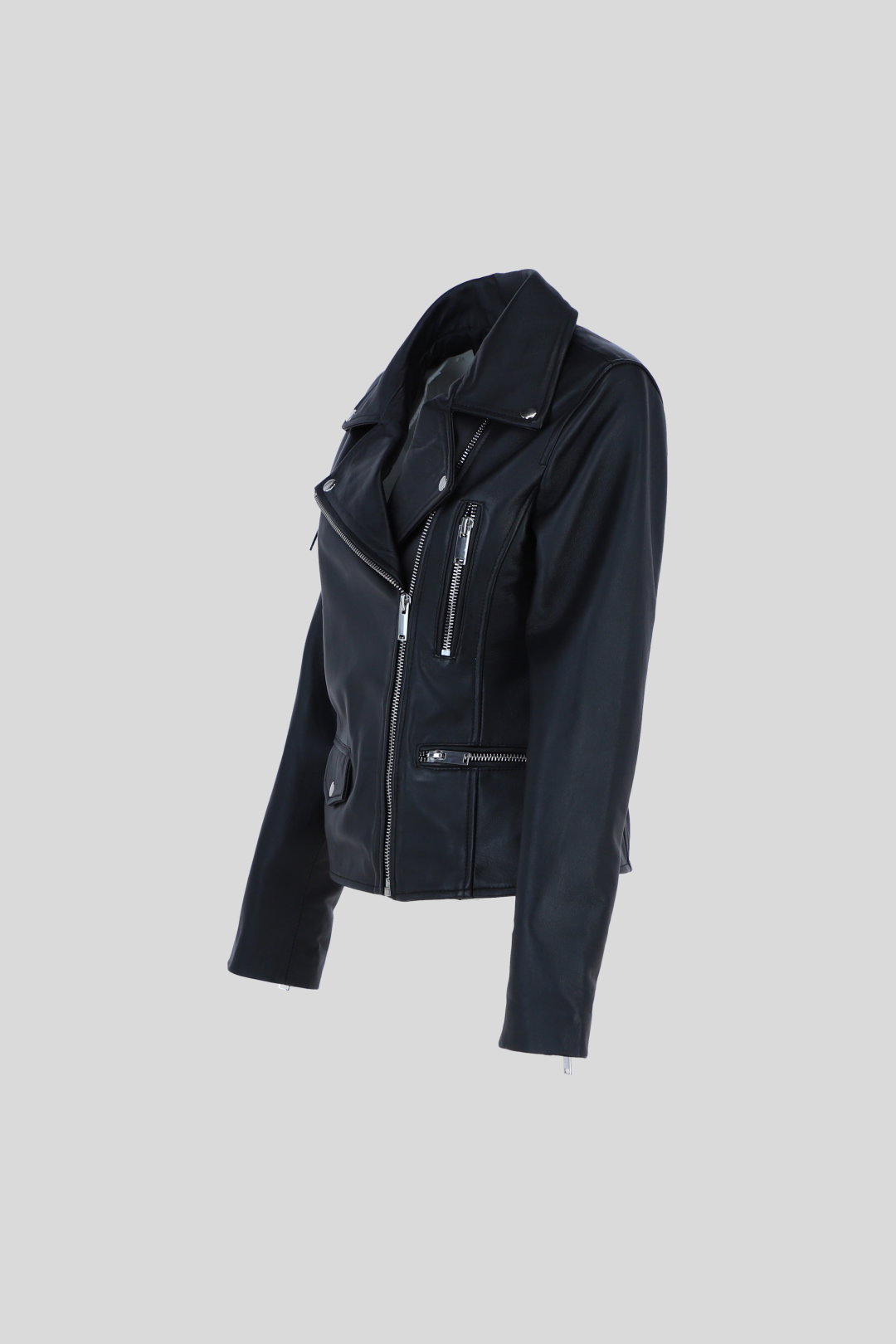 Black Genuine Leather Regular Fit Moto Biker Jacket with Zip Pockets, Image 3 of 5