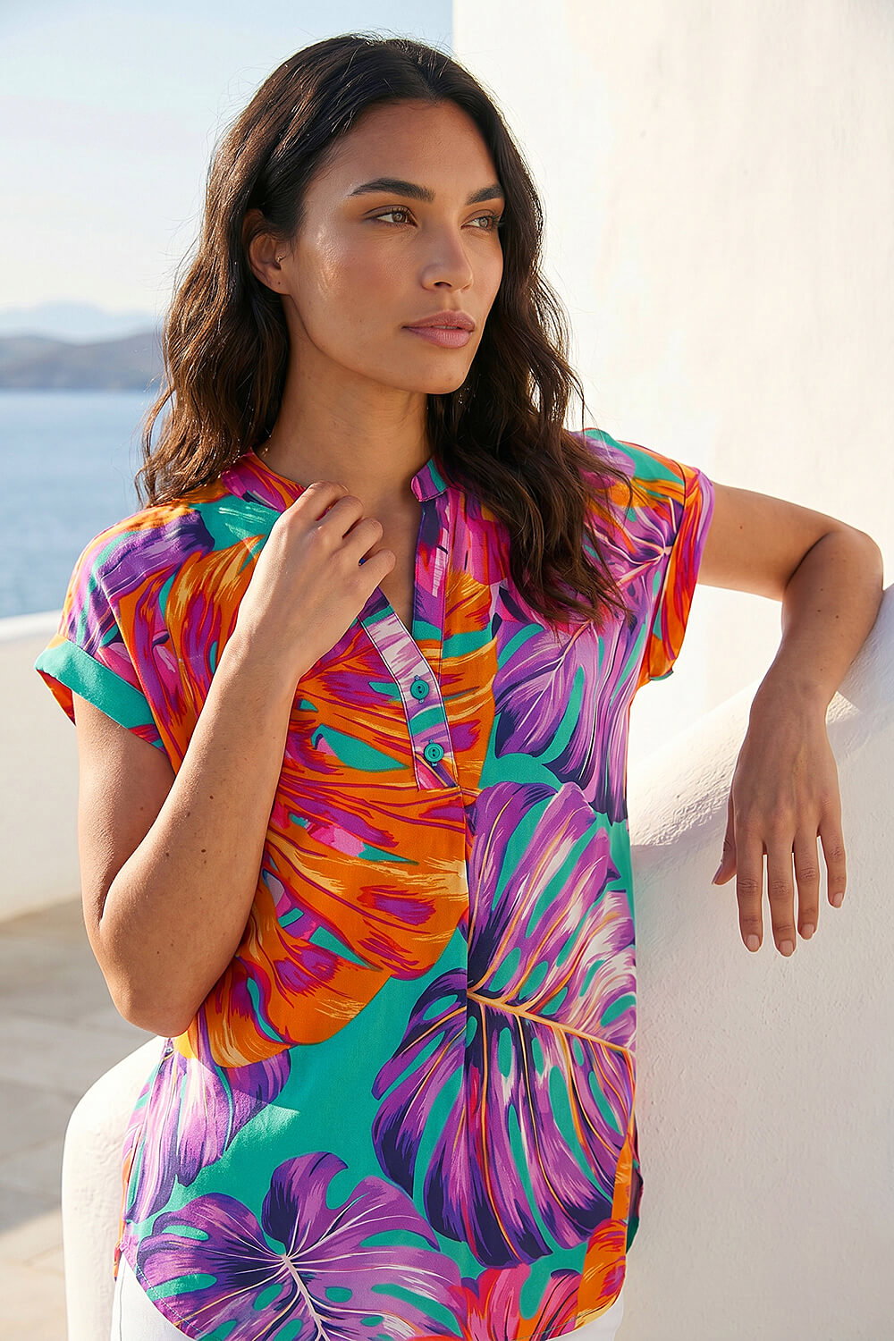 Roman Women's Turquoise Leaf Print Stretch Shirt Size 16