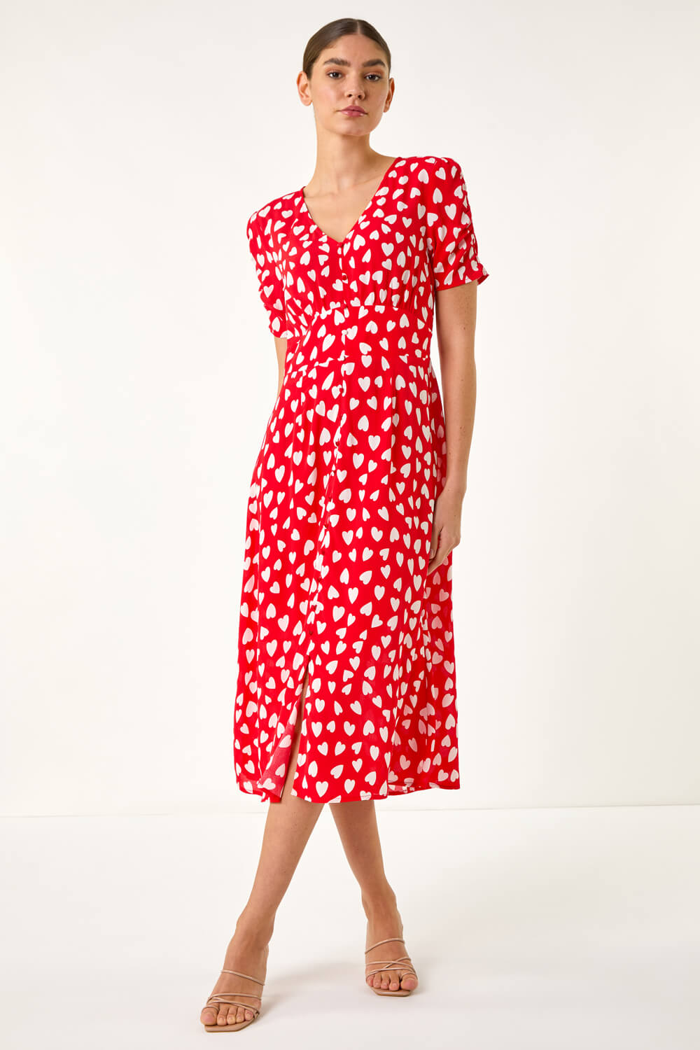 Red Heart Print Ruched Midi Dress, Image 3 of 5